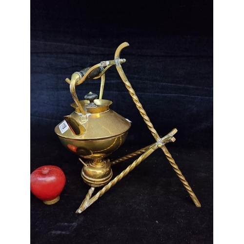 118 - An unusual  solid brass spirit kettle on stand with carved wooden handle and solid brass warmer. A g... 