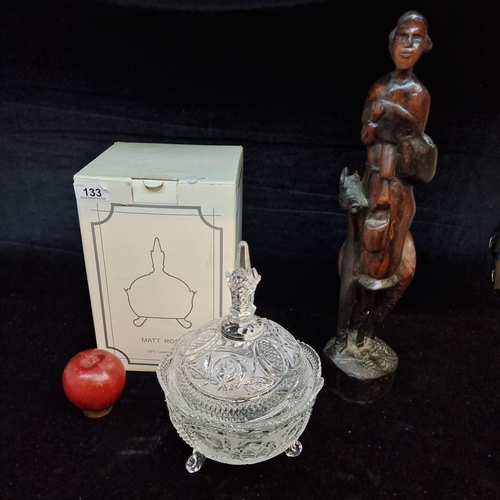 133 - Two items including a boxed Matt Rose 24% Lead Crystal footed candy covered dish along with an unusu... 
