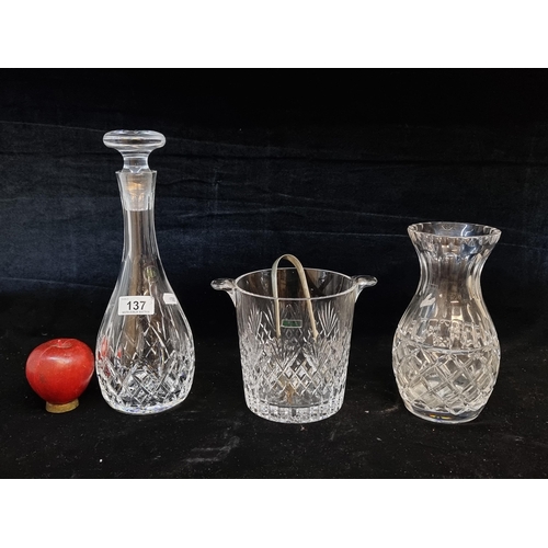137 - A selection of Galway Crystal items including a beautiful tall decanter with original stopper, an el... 