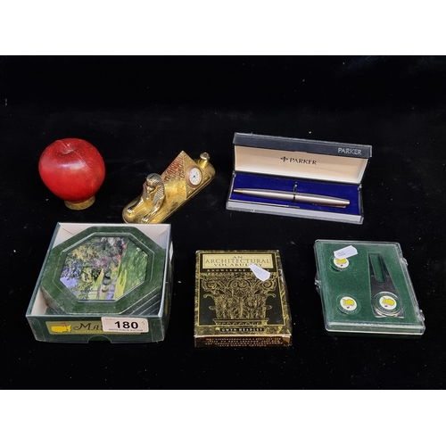 180 - A mixed lot of five items including a Parker pen and an Architectural knowledge card pack, a masters... 