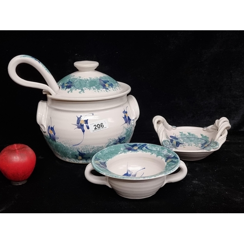206 - Three Ballydougan art studio Pottery items including a soup tureen and ladle, and two bowls with one... 