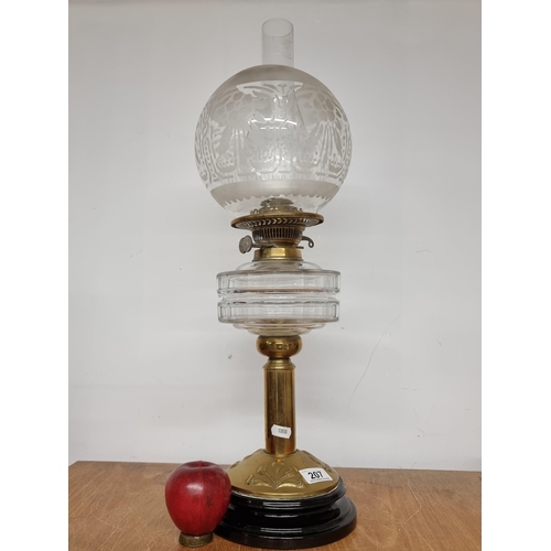 207 - A fabulous Victorian oil lamp with an Art Nouveau brass stem column, black ceramic vase and frosted ... 