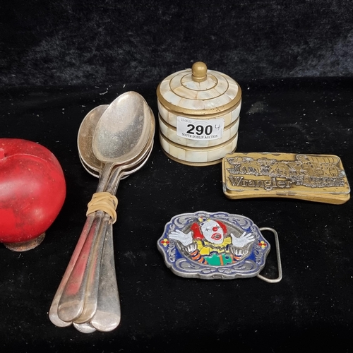 290 - Four items including a mother of pearl ring box, a funky clown belt buckle, another belt buckle from... 