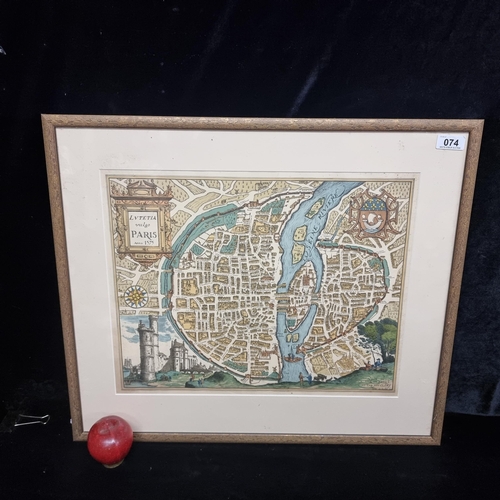 74 - A vintage print of a medieval map of Paris originally dating to 1575. Lovely detail of the old walle... 