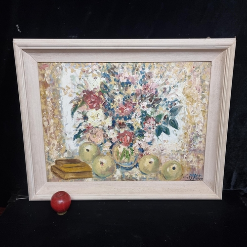 79 - An original John G. Kahan oil on board painting. Features a still life of flowers and fruit rendered... 