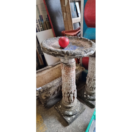 850 - Star lot : A heavy vintage  stone garden bird bath with a tall stem decorated in a Romanesque style ... 