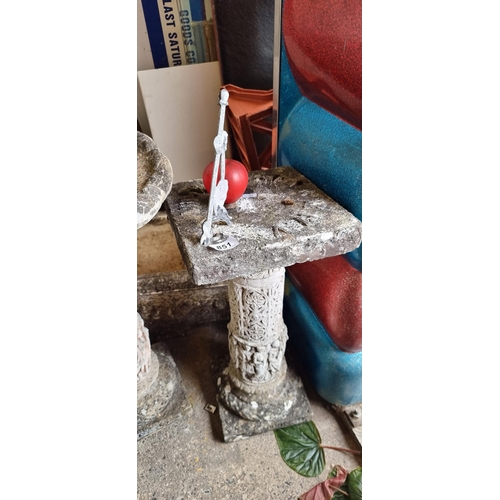 851 - Star Lot : A heavy vintage stone garden sundial with tall stem decorated in a Romanesque style with ... 