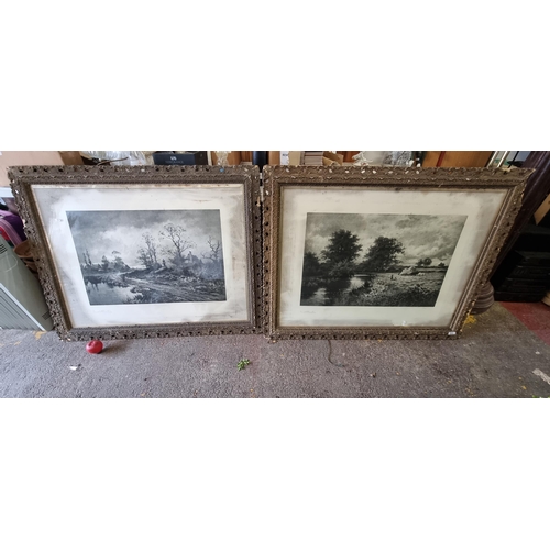 855 - A huge pair of antique hand signed black and white prints of works originally by the artist Ernest S... 