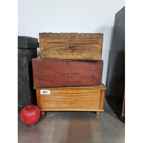 867 - Three vintage boxes including a hinged oak wood example and a carved example.