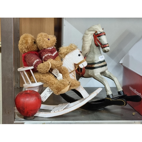 872 - Two charming vintage toy rocking horses. Both miniature tabletop examples and including one with two... 