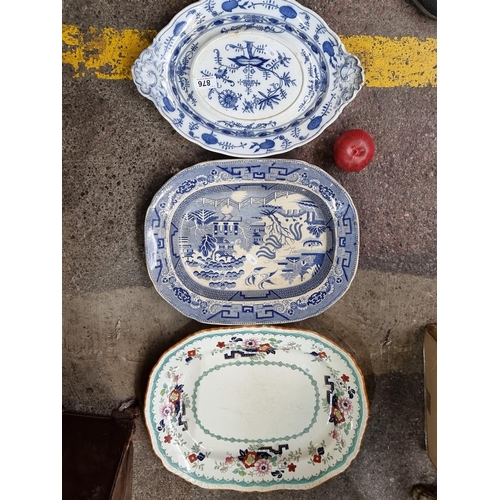 876 - Three antique china platters and serving dishes. Including a beautiful Villeroy & Boch Dresden Blue ... 