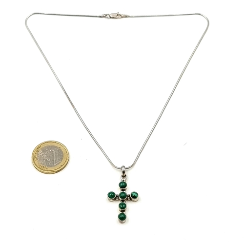 894 - A Malachite sterling silver set stone cross pendant and chain. Length: 40cm. Total weight: 7.4 grams... 