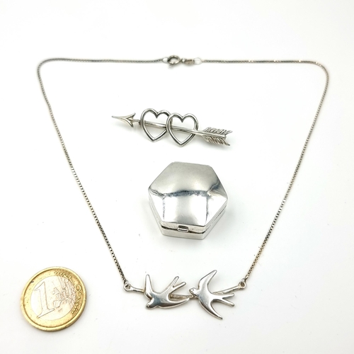 901 - An unusual sterling silver hexagonal pill box, together with a sterling silver swallow necklace and ... 