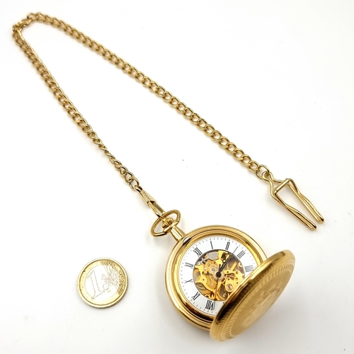 902 - A bright gilded coloured Skelton pocket watch, featuring a marked cartouche to front and featuring a... 