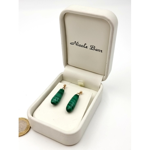 914 - A lovely pair of drop malachite earrings from Nicole Barr with 9 carat gold backs. Accompanied by pr... 