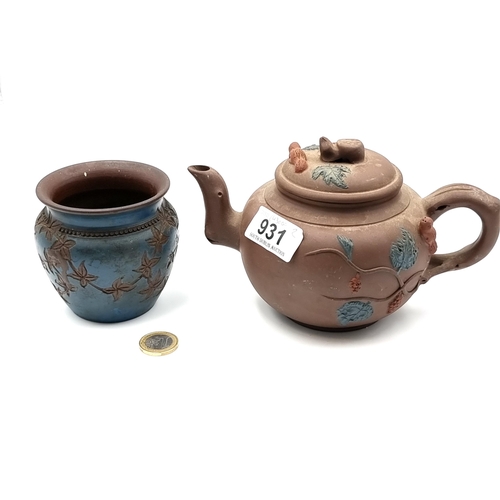 931 - Two Chinese clay items including a teapot with a high relief grapevine and bird design along with a ... 