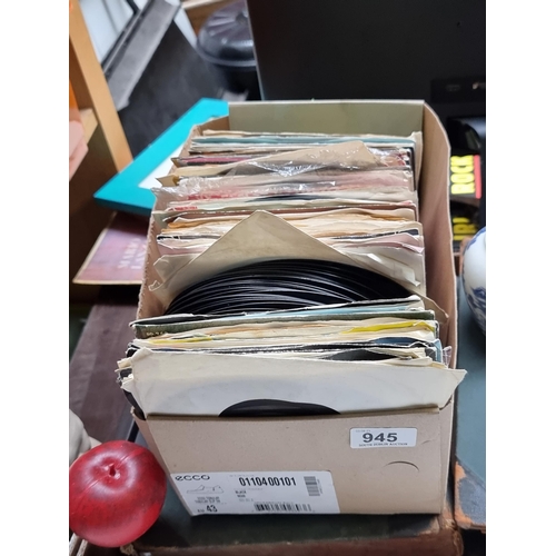 945 - A box of vintage vinyl singles. A great selection of records including artists Madonna, Meatloaf, Bo... 