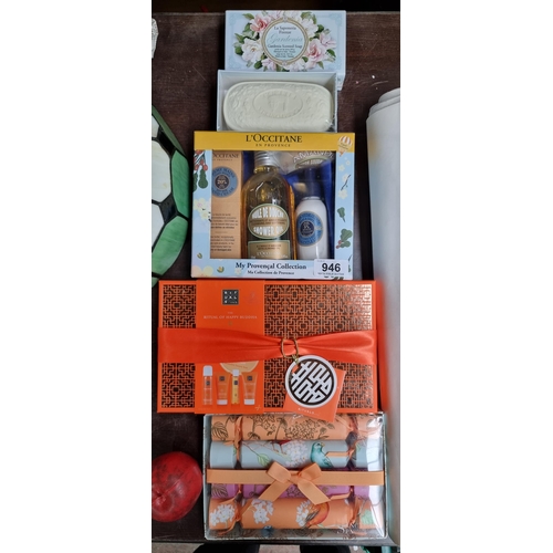 946 - Five home and interiors items. Including four brand new toiletry giftsets. Including brands L'Occita... 