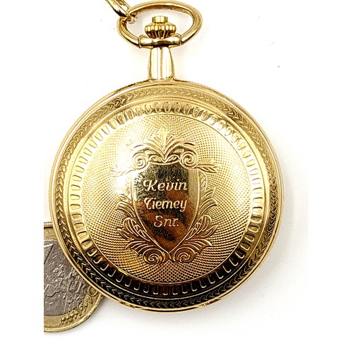 902 - A bright gilded coloured Skelton pocket watch, featuring a marked cartouche to front and featuring a... 