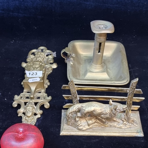 123 - Three brass items including a gorgeous letter holder in the form of a fox, a highly detailed door ha... 