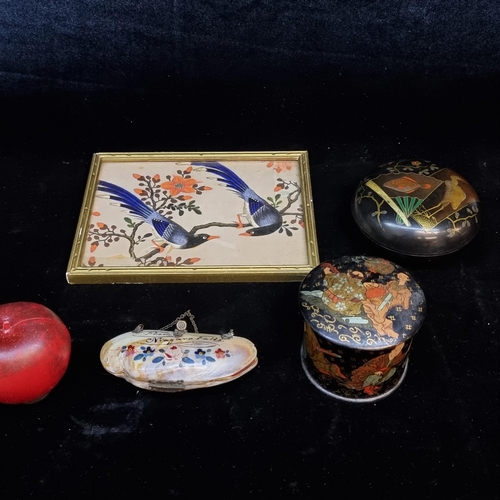 128 - Four beautiful vintage items including including two lacquer paper mache boxes, a gouache on rice pa... 