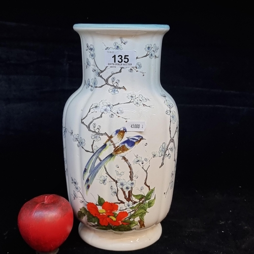 135 - A large beautifully hand painted vintage Chinese ceramic vase decorated with pale blue cherry blosso... 