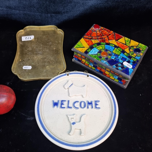 172 - A Ballyelland Irish studio pottery welcome plaque with a dog and a cat in relief, a mosaic box and a... 