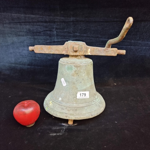 179 - Star Lot : A fabulous large antique Bronze bell  with verdigris patina and great tone. It's large an... 