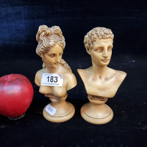 183 - A pair of neat sized Classical style busts of Greek gods Aphrodite and Hermes. H16cm