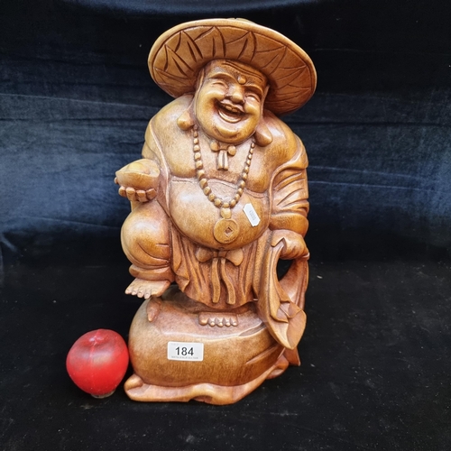 184 - A very large carved wooden laughing Buddha sculpture. Nicely crafted with good attention to detail. ... 