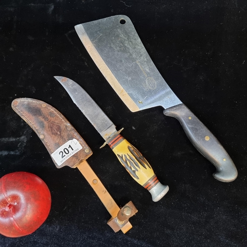 201 - Two bladed items including a Kitchen Devil cleaver knife and a hunting knife.