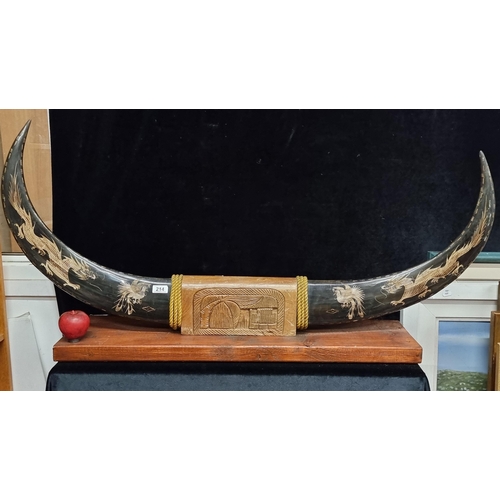 214 - Star Lot : A very large and impressive hand carved Chinese buffalo horn display featuring intricatel... 