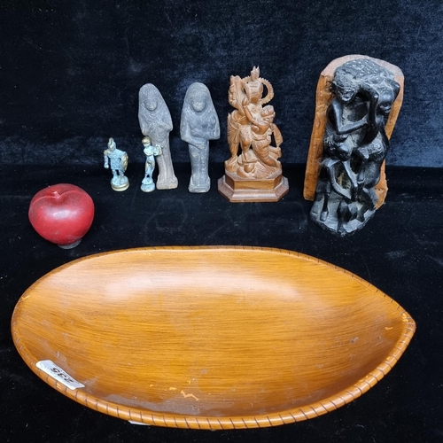 235 - Seven items including a heavy 'Soul Journeys' wooden bowl, two heavy brass Roman figures, a wooden A... 