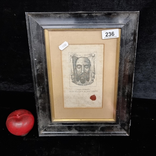 236 - A fabulous antique wood block print on linen of the Shroud of Turin with wax seal to bottom right. H... 