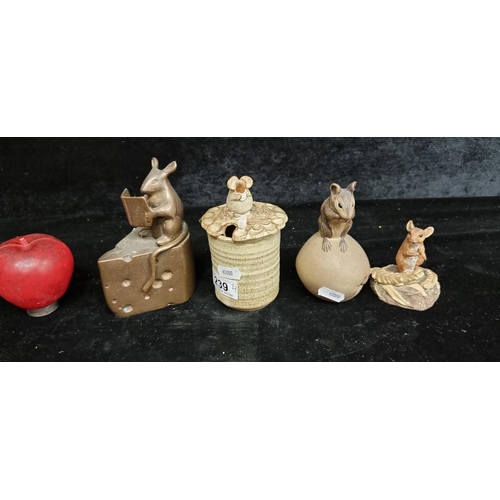 239 - Four mice figures including a Wedgwood example, a lidded jar and a brass door stopper.