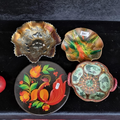 241 - Four items including three bowls with one art glass example featuring a cherry pattern and a wooden ... 