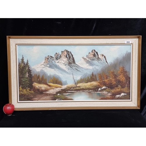 68 - A large original oil on canvas painting of an Alpine scene rendered in sweeping brushstrokes. Signed... 