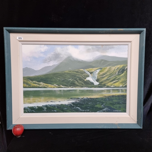 70 - A large original Conor O'Malley acrylic on canvas painting showing a landscape scene of seagulls gli... 