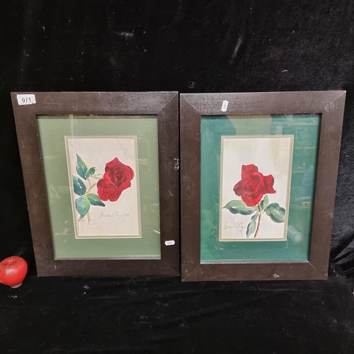 71 - A pair of original vintage watercolour paintings on paper of a rose study. Dating to 1985 and each s... 