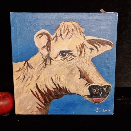 82 - An original oil on canvas painting showing a portrait of a handsome charolais cow against a bright b... 