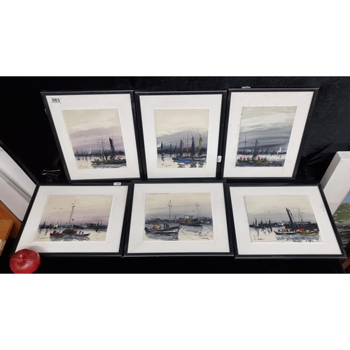 83 - Six original oil on board paintings showing harbour scenes rendered thick purposeful brushstrokes an... 