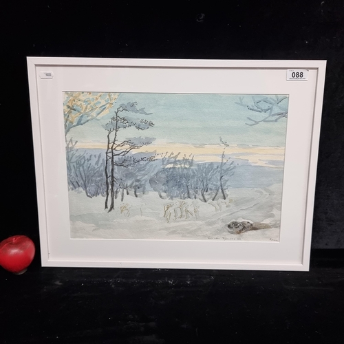 88 - An original watercolour and pencil on paper painting featuring a snowy landscape scene of bare winte... 