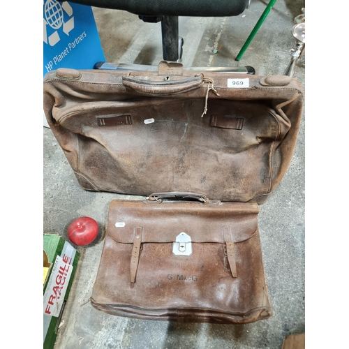 969 - Two genuine leather vintage bags including a satchel and a large soft form doctor's bag.