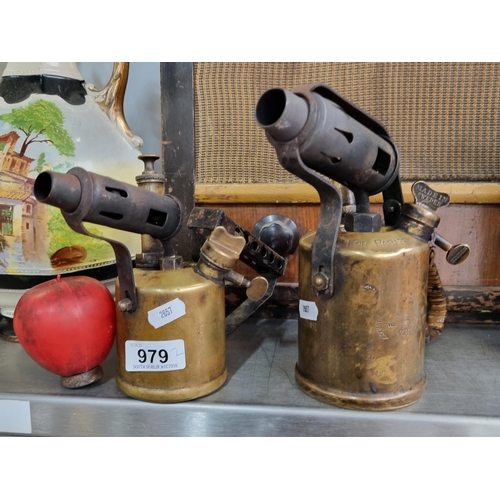 979 - Two heavy vintage brass fire torches including a Swedish MFAB blowtorch.