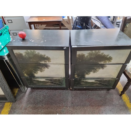 991 - An unusual pair of bedsides lockers. Painted in a dark forest green with 19th century style landscap... 