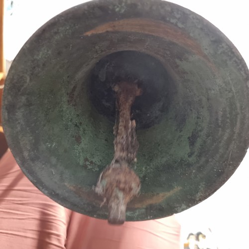 179 - Star Lot : A fabulous large antique Bronze bell  with verdigris patina and great tone. It's large an... 