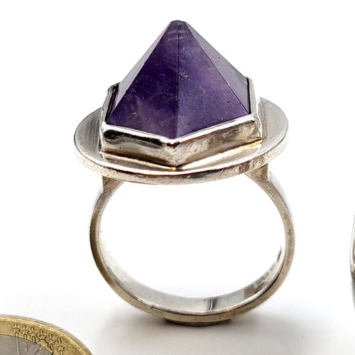 20 - Two show stopping Amethyst stone contemporary style sterling silver rings, featuring a pyramid cut e... 