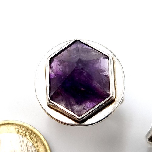 20 - Two show stopping Amethyst stone contemporary style sterling silver rings, featuring a pyramid cut e... 