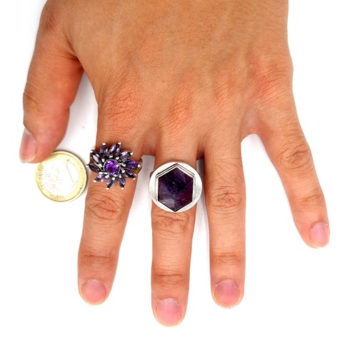 20 - Two show stopping Amethyst stone contemporary style sterling silver rings, featuring a pyramid cut e... 