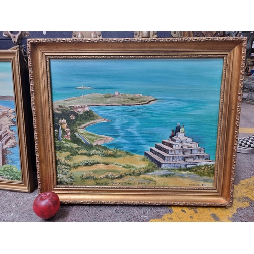 A framed original F. Widdowson acrylic on board painting titled "Sorrento Point, Dublin Bay, Co. Dublin" dating to 1981. Depicting a bright summer's day at the titular bay. Signed and titled clearly bottom right. Housed in an ornate gilt frame.